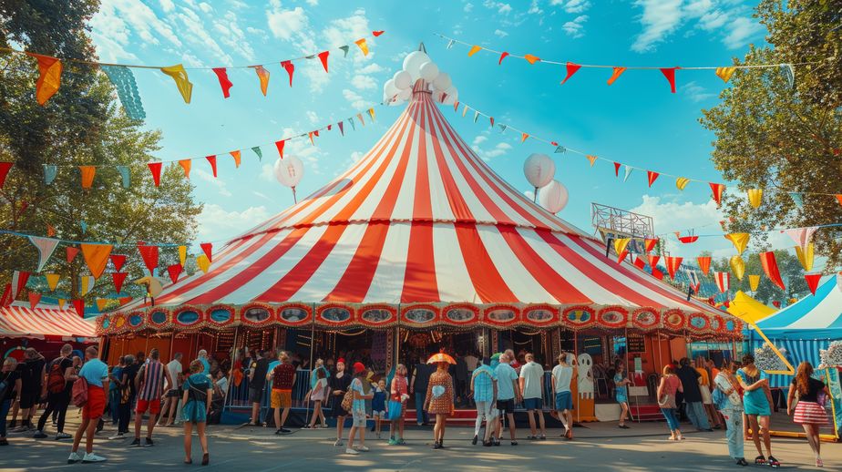 A traditional circus tent adorned with vibrant red and white stripes under a clear blue sky. The entrance bustles with activity as visitors of all ages gather under festive banners and colorful decorations, creating a lively and inviting atmosphere
