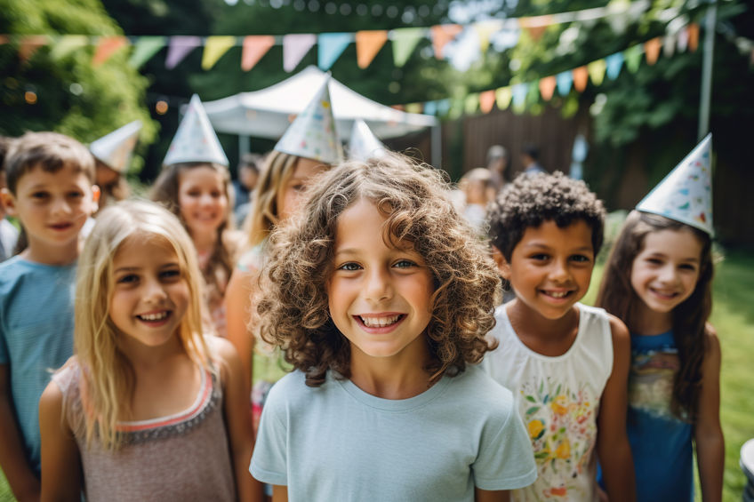 Close up photo of a group of small and big kids at a backyard birthday party