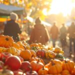 autumn market with pumpkins and other vegetables at sunset, closeup