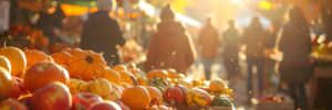 autumn market with pumpkins and other vegetables at sunset, closeup