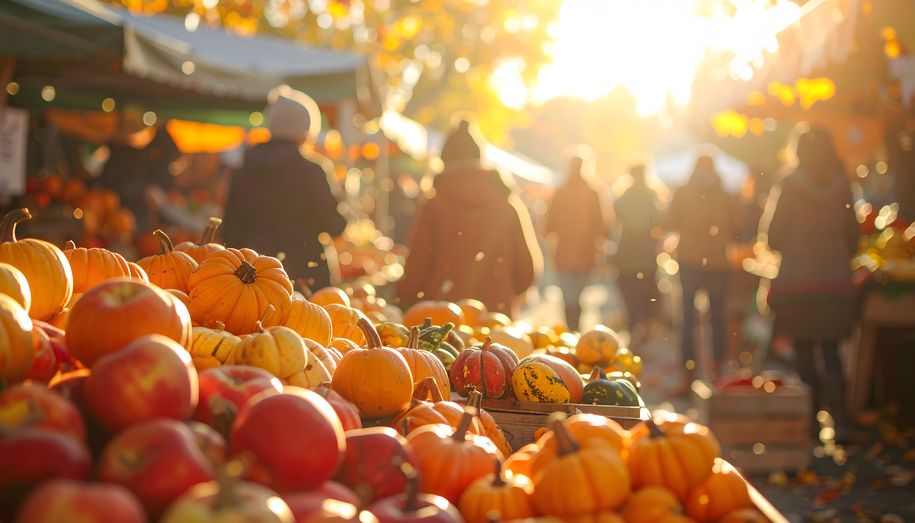 autumn market with pumpkins and other vegetables at sunset, closeup
